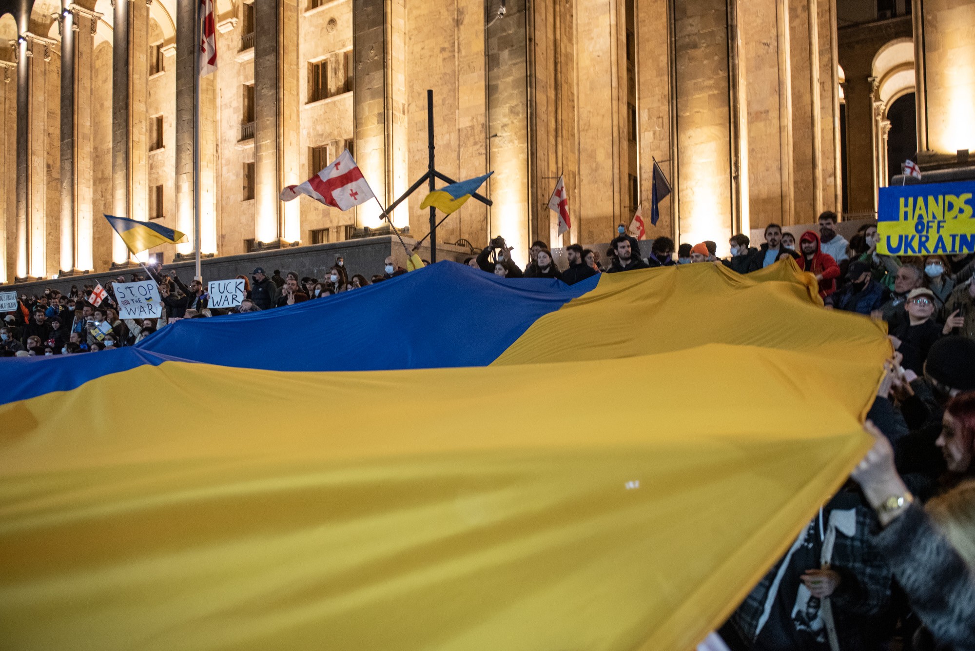 A demonstration in solidarity with Ukraine on Tbilisi’s Rustaveli Avenue on 24 February 2022. Photo: Mariam Nikuradze/OC Media.