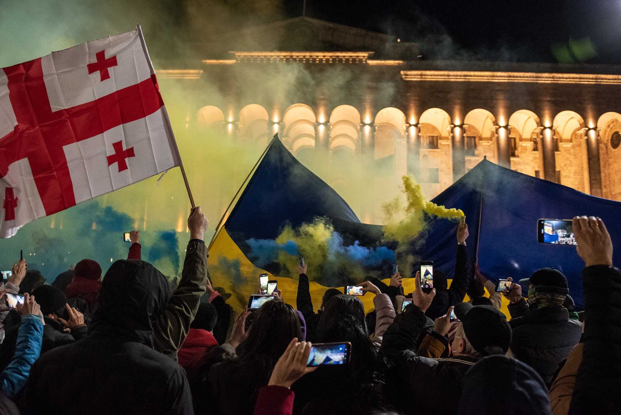 Thousands gathered outside parliament in Tbilisi on 26 February to protest Russia’s invasion of Ukraine. Photo: Mariam Nikuradze/OC Media.