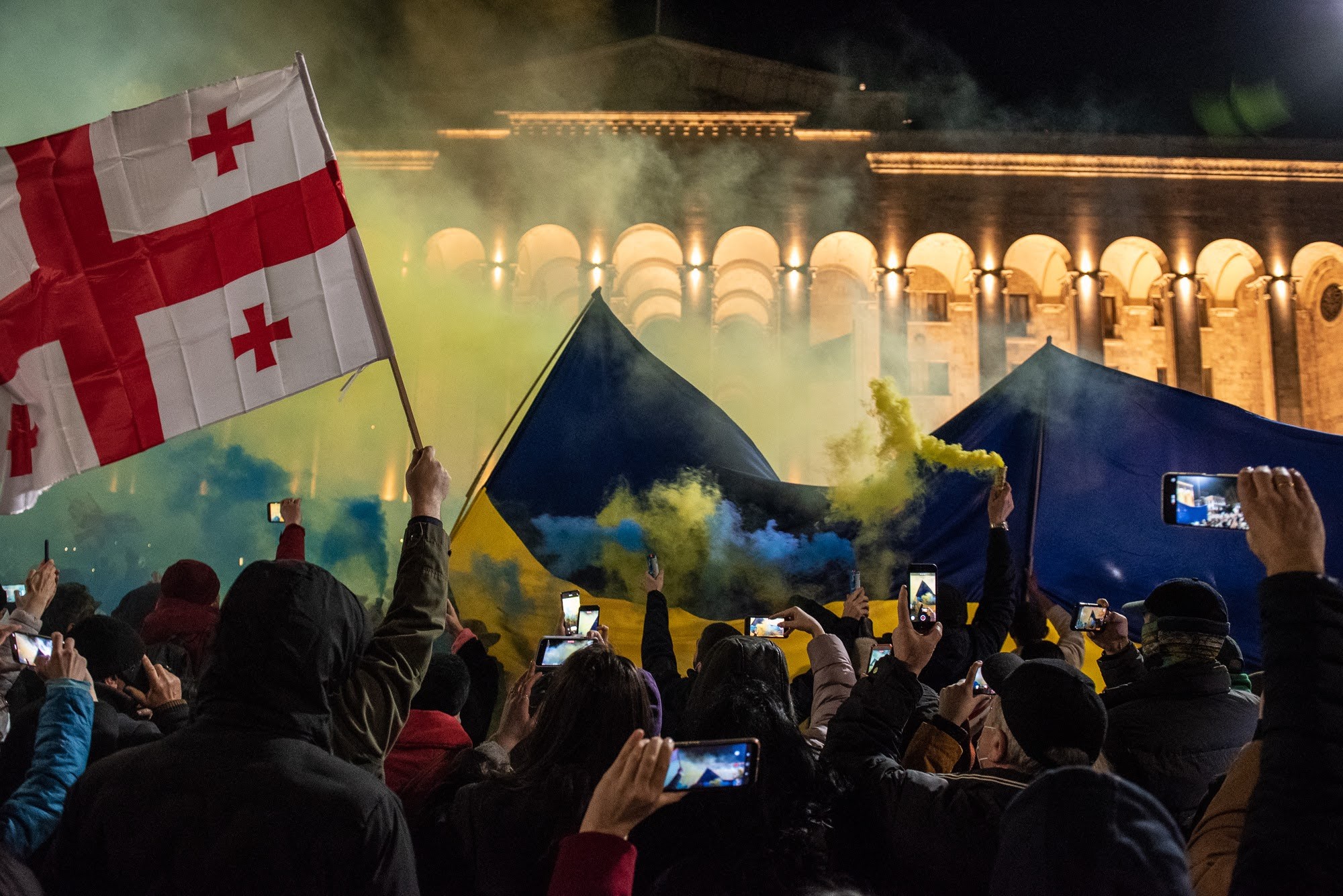Thousands gathered outside parliament in Tbilisi on 26 February to protest Russia’s invasion of Ukraine. Photo: Mariam Nikuradze/OC Media.