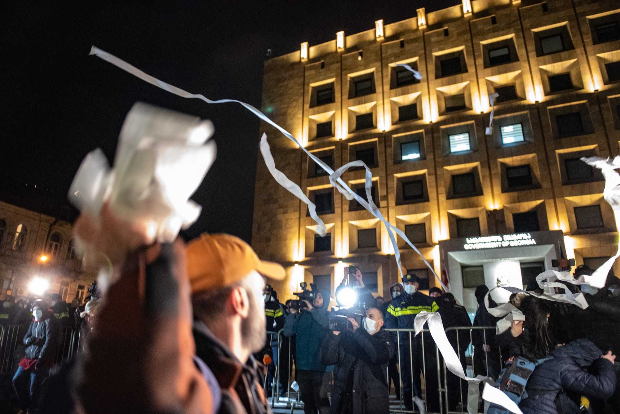 Protesters throw toilet paper at the government offices.. Photo: Mariam Nikuradze/OC Media.