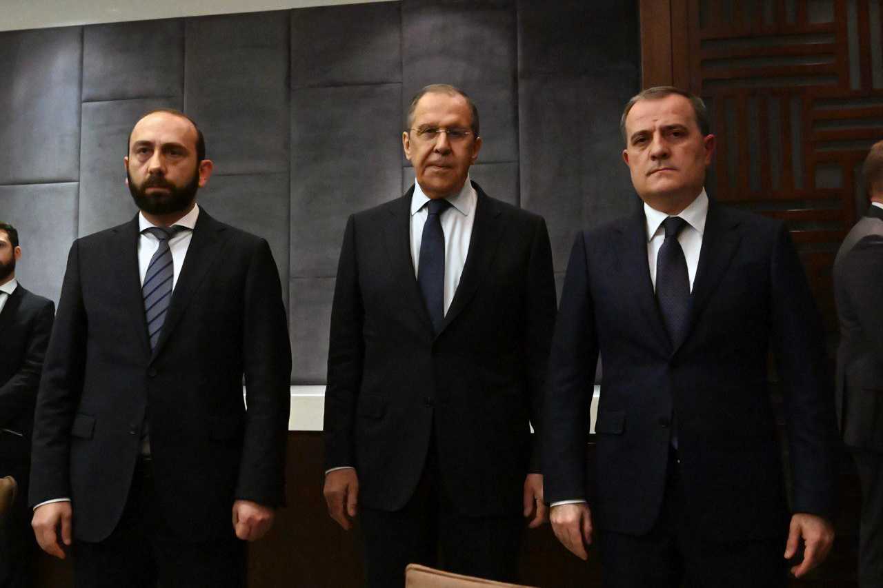 The foreign ministers of Armenia, Russia, and Azerbaijan, Ararat Mirzoyan, Sergey Lavrov, and Jeyhun Bayramov at the CIS meeting in Dushanbe on 12 May 2022. Photo: MFA of Azrebaijan.