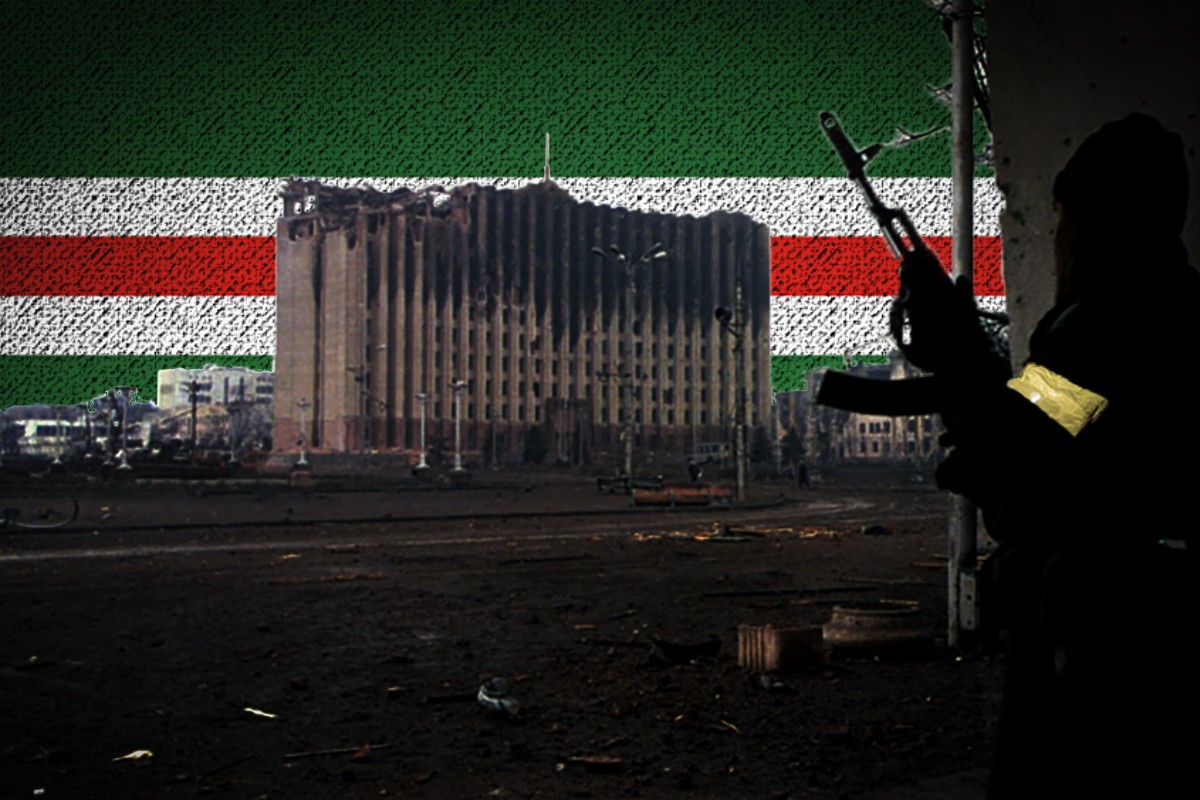 The government building in Grozny, Chechnya in 1995. Adapted from a photo by Mikhail Evstafiev.