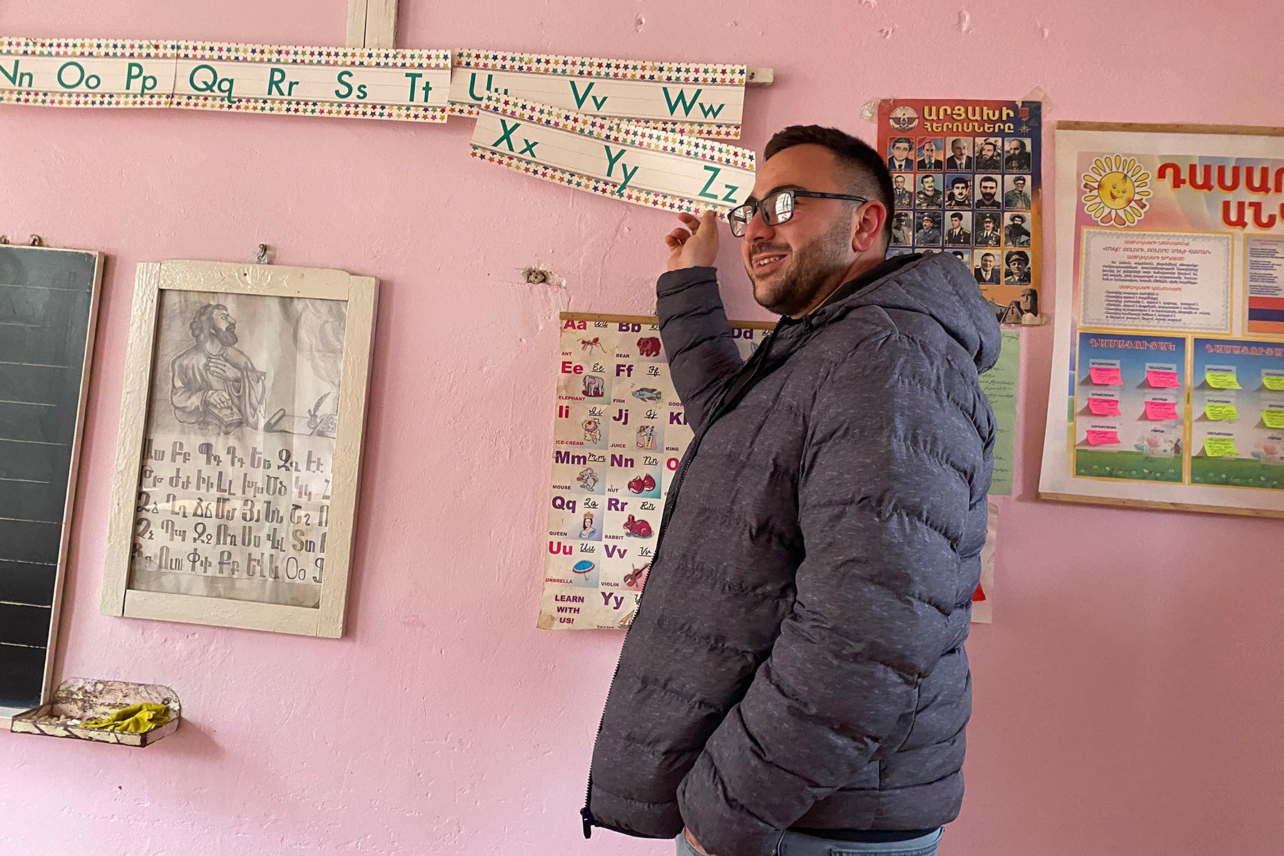 Ashot Gabrielyan teaches in a class in Kolkhozashen, a remote village in Nagorno-Karabakh. Photo: Ani Avetisyan/OC Media.