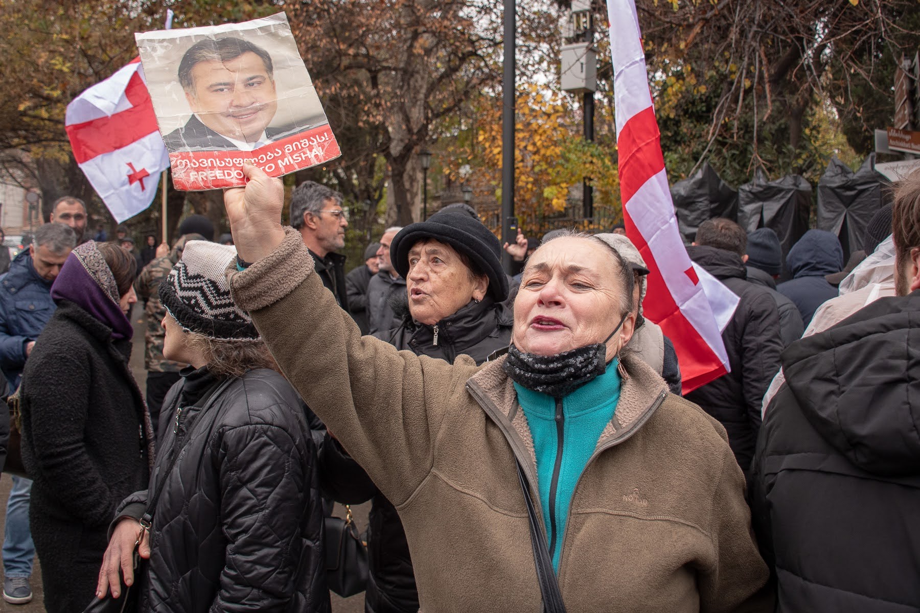 A woman holds a poster reading: ‘freedom to Misha’. Photo: Shota Kincha/OC Media.