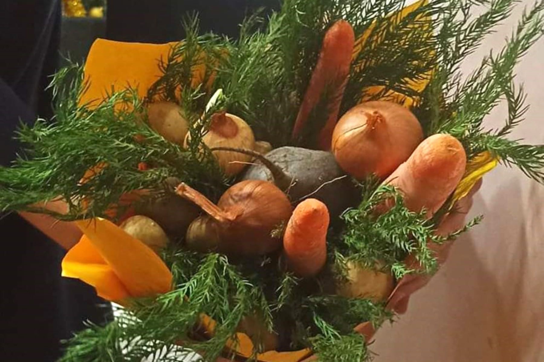 A bouquet of vegetables given to actors in a New Year's play in Stepanakert. Courtesy photo