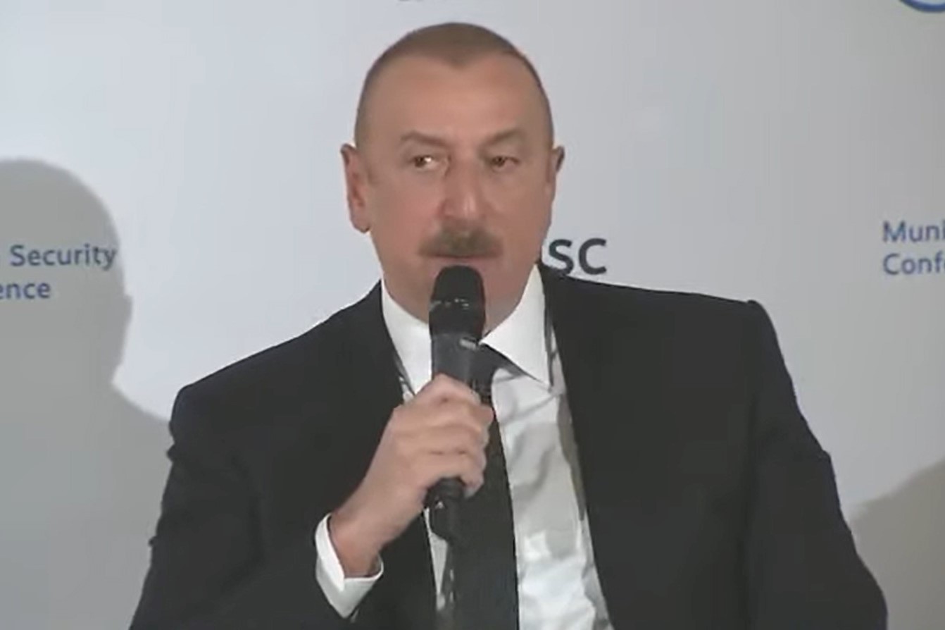 Azerbaijani President Ilham Aliyev speaking at the Munich Security Conference.