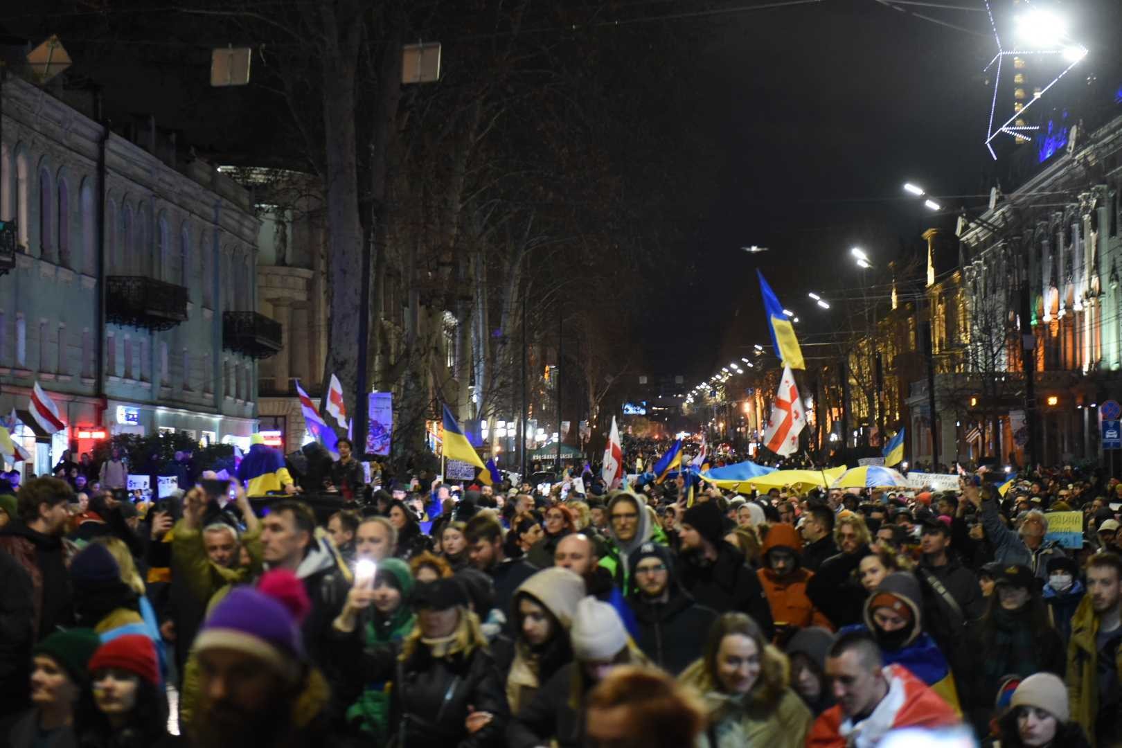 Tens of thousands of people flocked to Tbilisi’s central Rustaveli Avenue on 24 February 2023 to show support for Ukraine on the anniversary of the Russian invasion. Photo: Mariam Nikradze/OC Media.