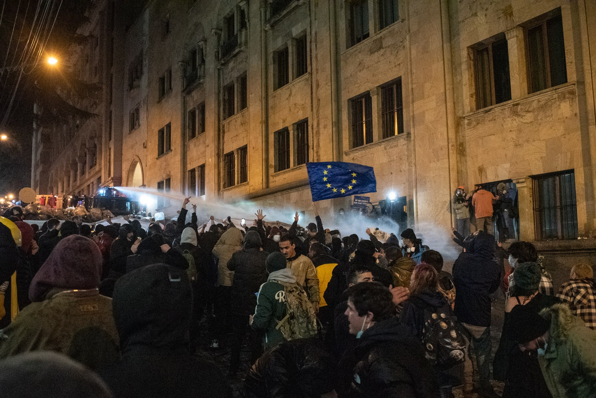 Police attempt to disperse protesters using water cannons. Photo: Mariam Nikuradze/OC Media