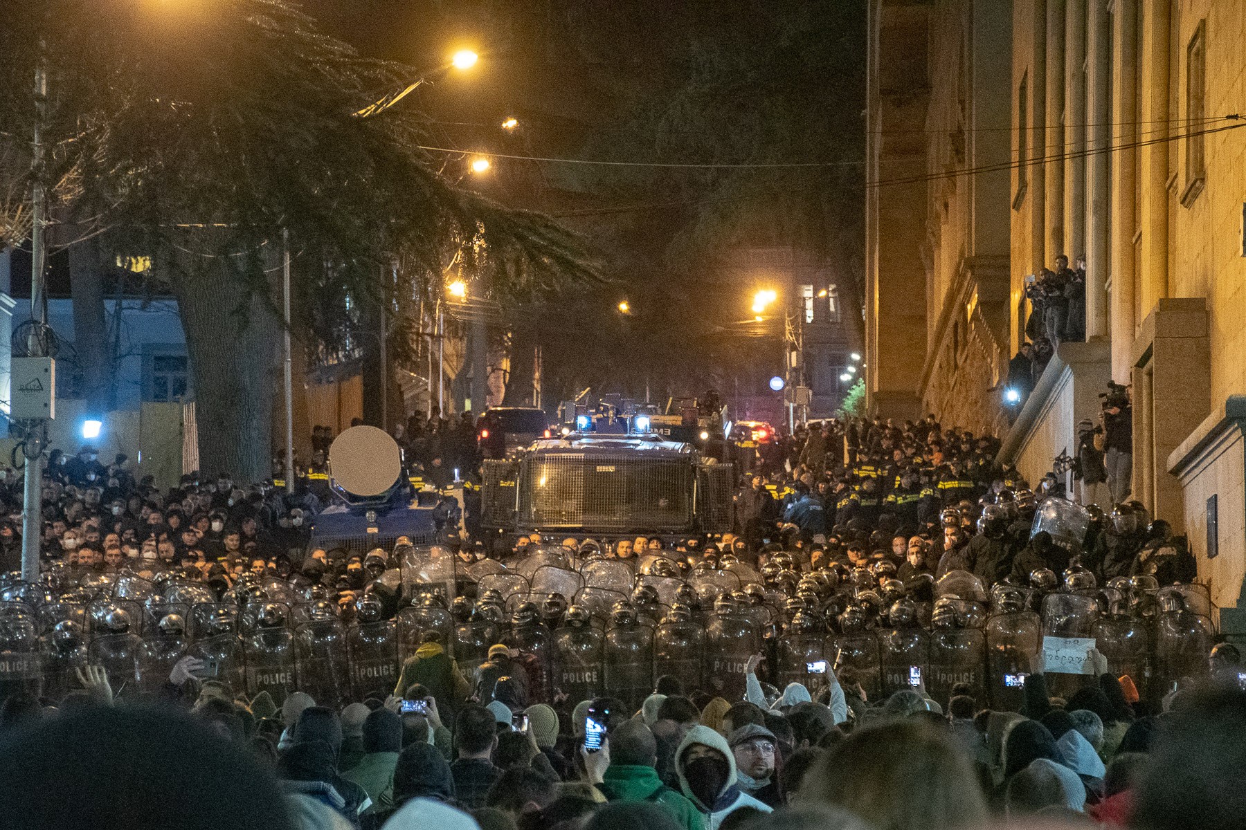 Riot police deployed water cannons and pepper spray against protesters. Photo: Shota Kincha/OC Media.