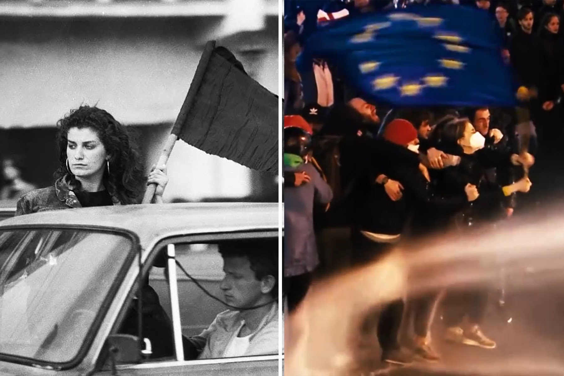 Nana Makharadze (left) holding a black flag to commemorate the victims of the 9 April 1989 massacre and Nana Malashkhia holding an EU flag on 8 March 2023. Credit: National Library of Georgia and TV Formula.