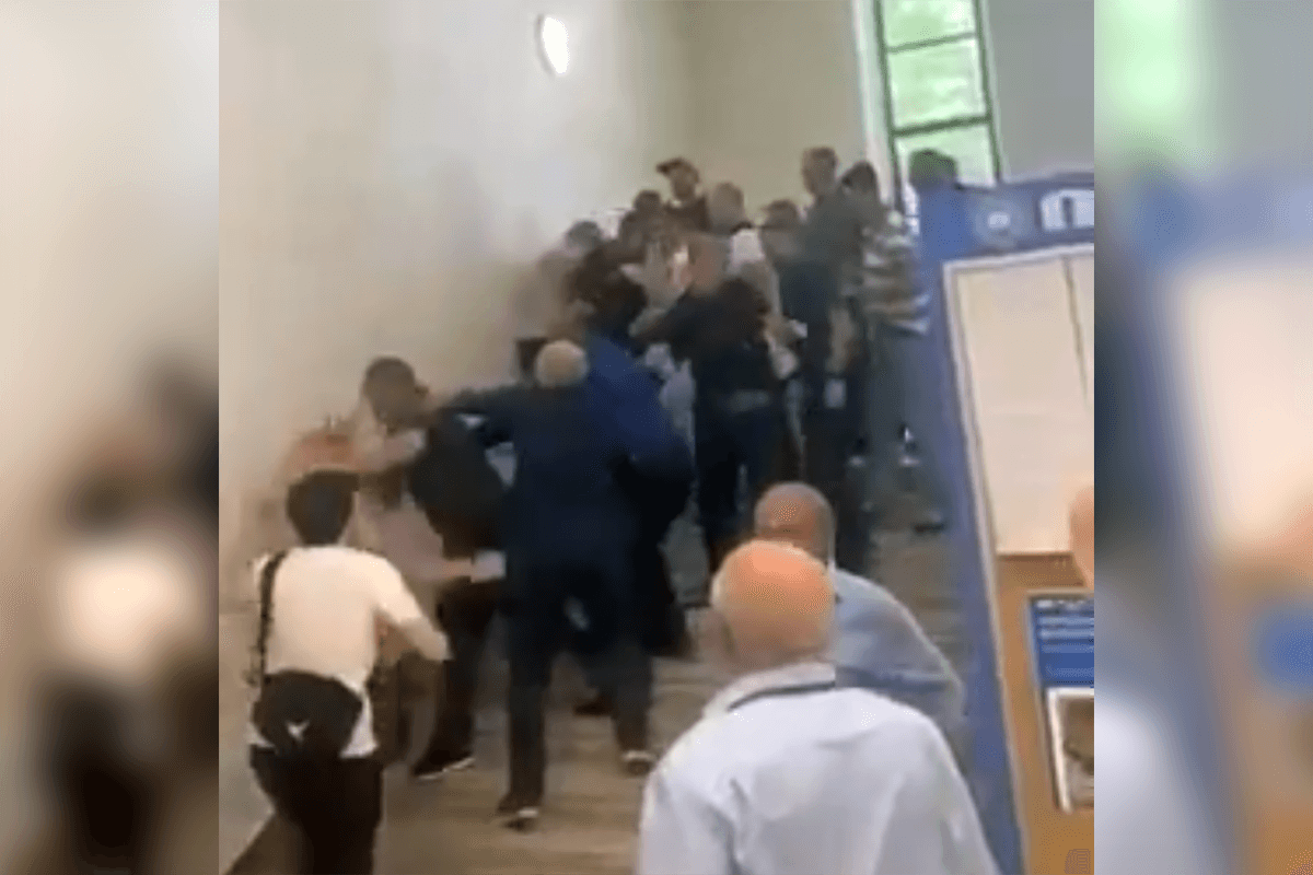 Footage shows students attempting to protest a lecture by Irakli Kobakhidze were attacked and pushed down the stairs.