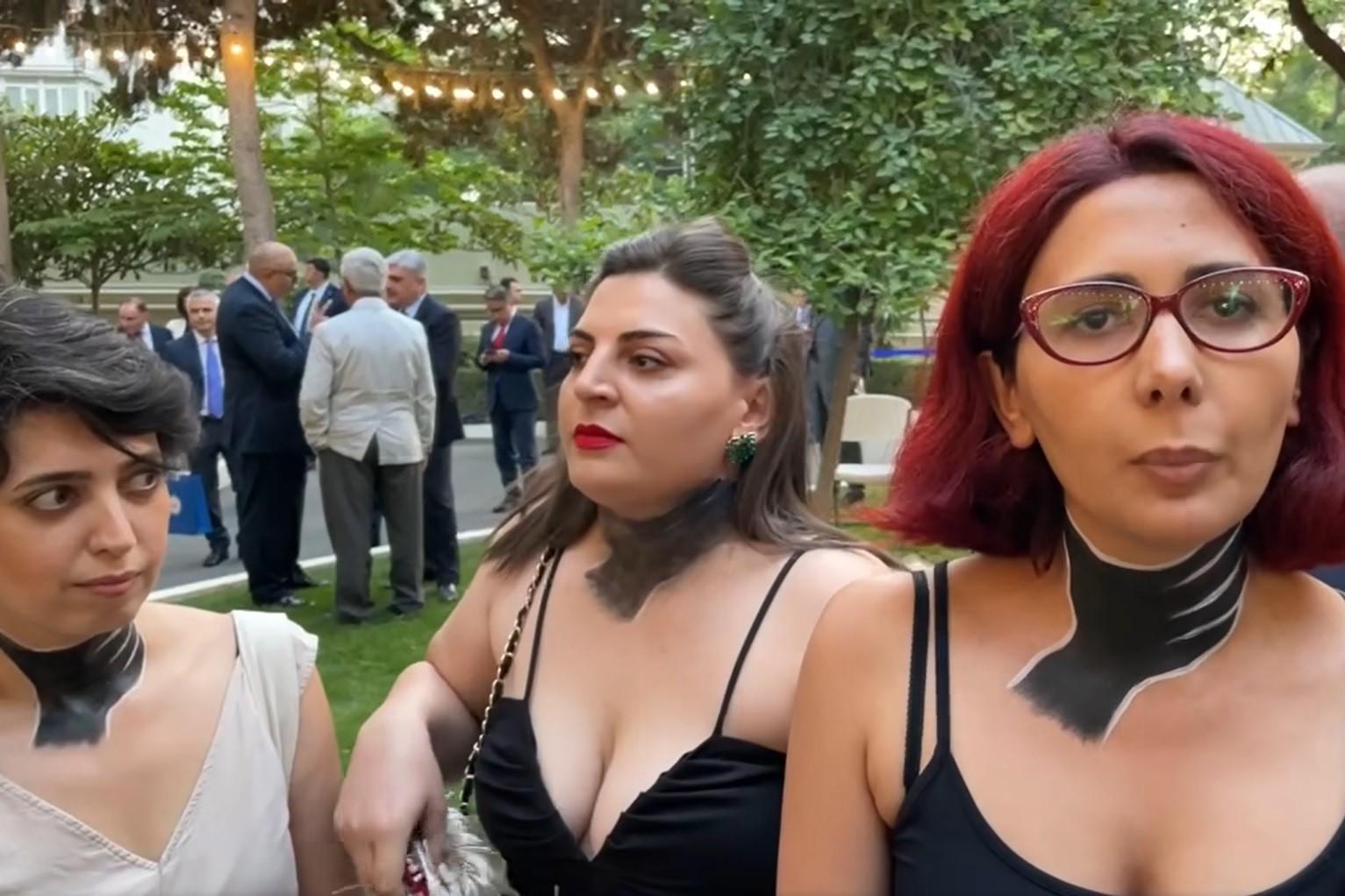 From left to right, activists Sanubar Heydarova, Narmin Shahmarzade, and Gulnara Mehdiyeva. Image via Abzas.