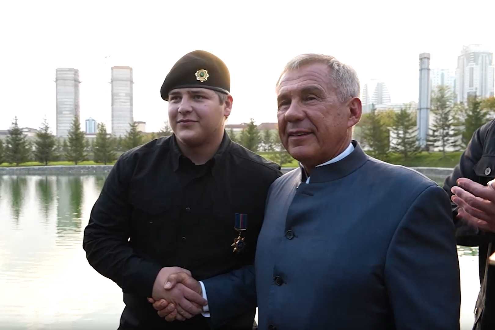 Caption: Adam Kadyrov after receiving the Order of Duslyk from Tatarstan Head Rustam Minnikhanov in Grozny on 24 October 2023. Screengrab via Telegram.