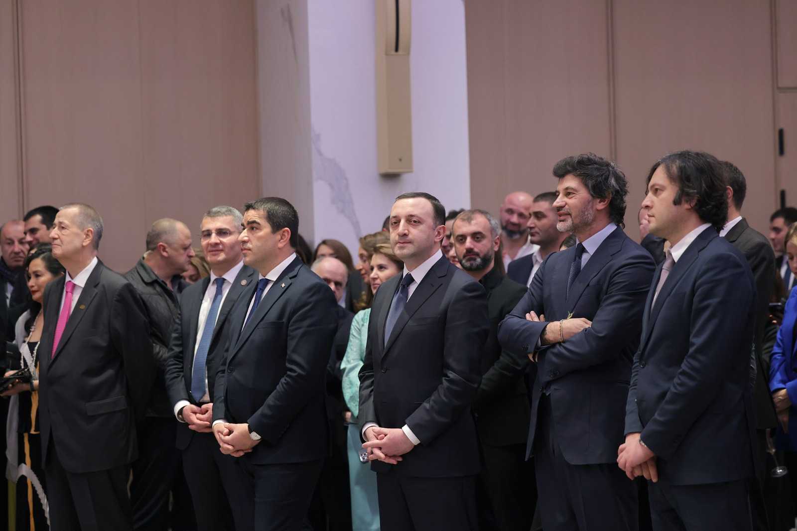 From right to left: Georgian Dream chair Irakli Kobakhidze, Mayor of Tbilisi Kakha Kaladze, Prime Minister Irakli Gharibashvili, Speaker of the Parliament Shalva Papuashvili, and MP Mamuka Mdinaradze. Photo: Government of Georgia.