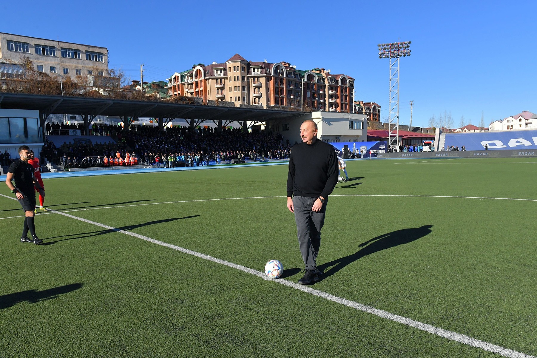 President Ilham Aliyev started the match at a half-empty stadium in Stepanakert. Photo: Azertac.