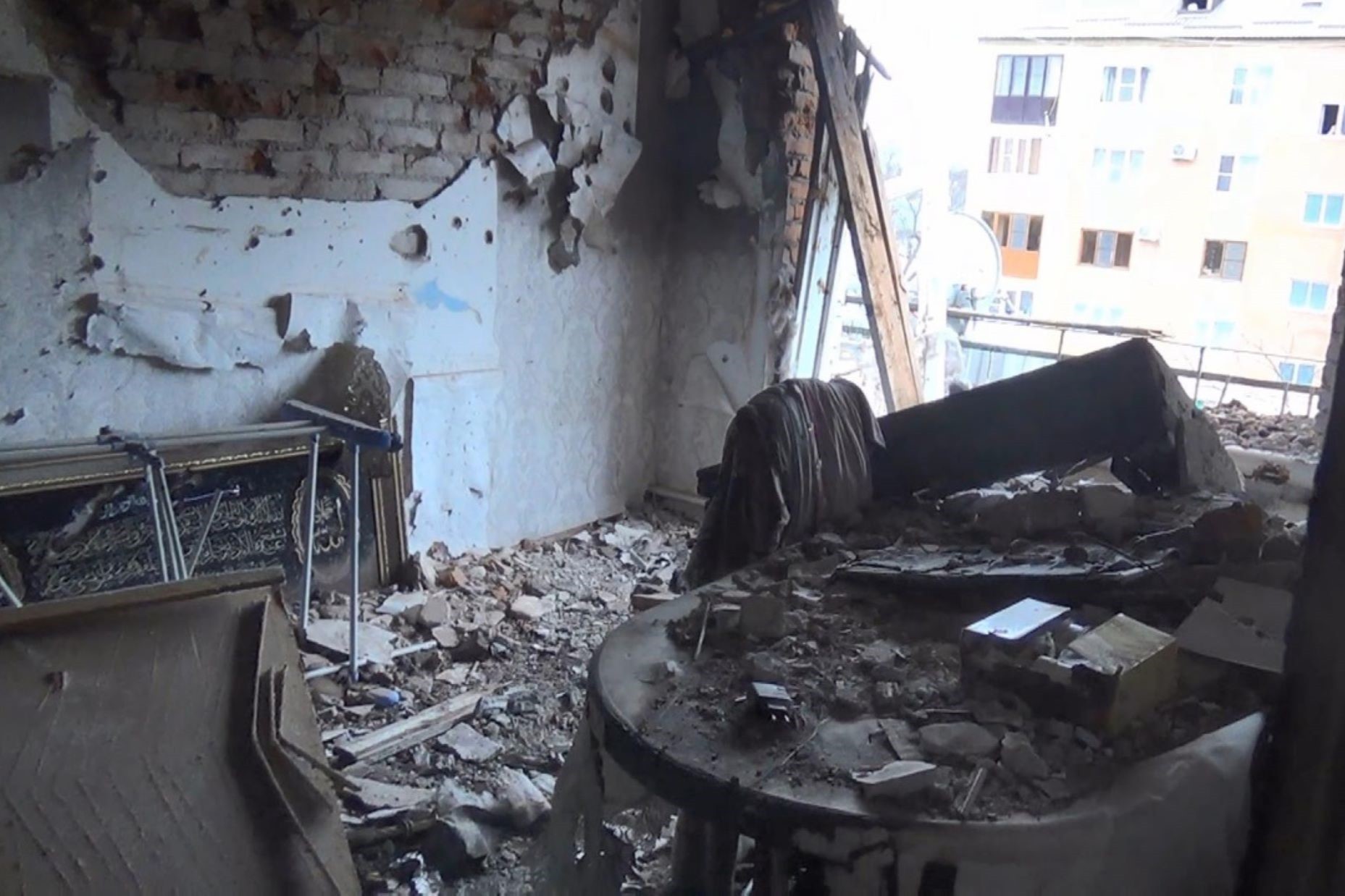 A room damaged by fire following the shootout between police and alleged ‘militants’. Photo: Russian National Anti-Terrorist Committee.