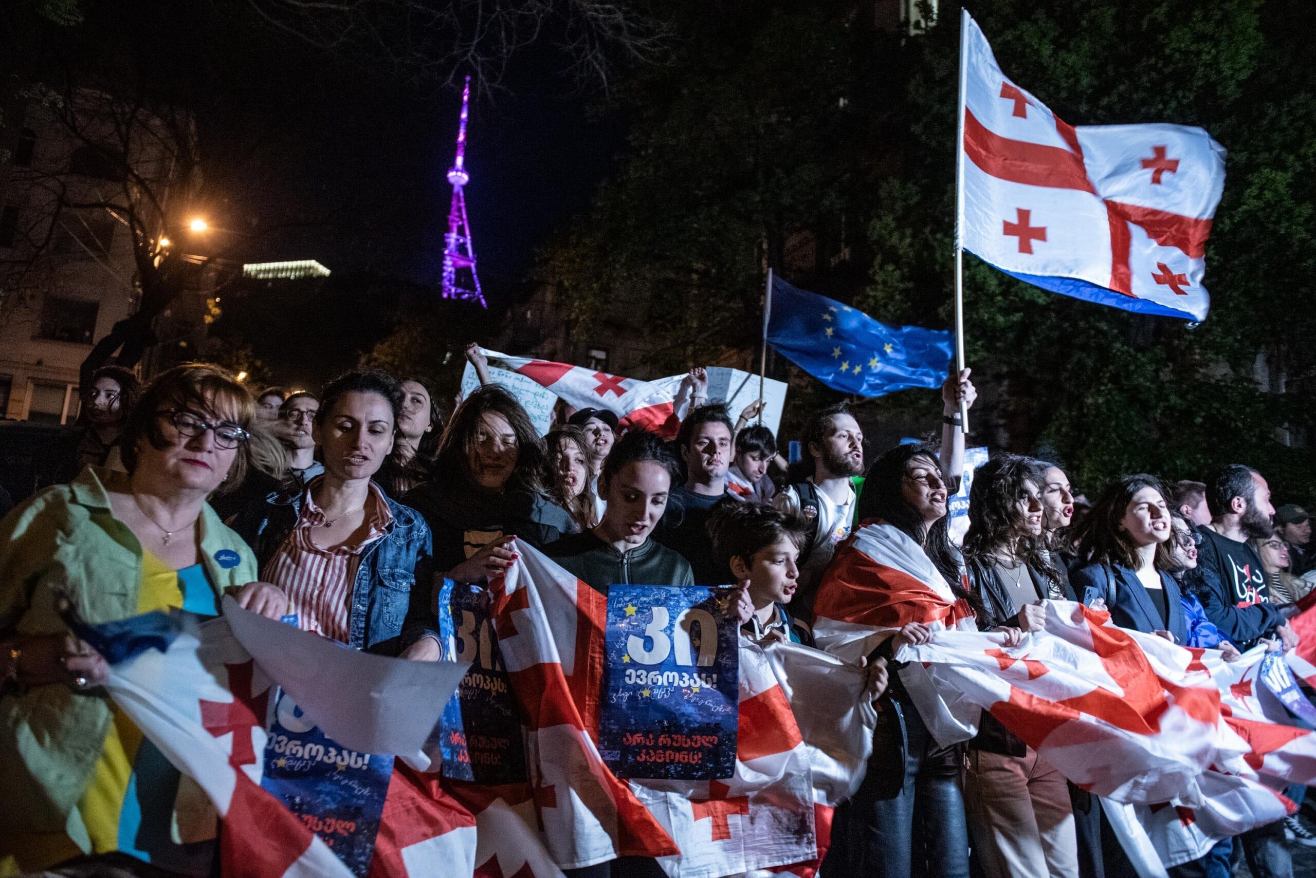 Protesters against the Georgian foreign agent law at a march in Tbilisi on Sunday. Photo: Mariam Nikuradze/OC Media