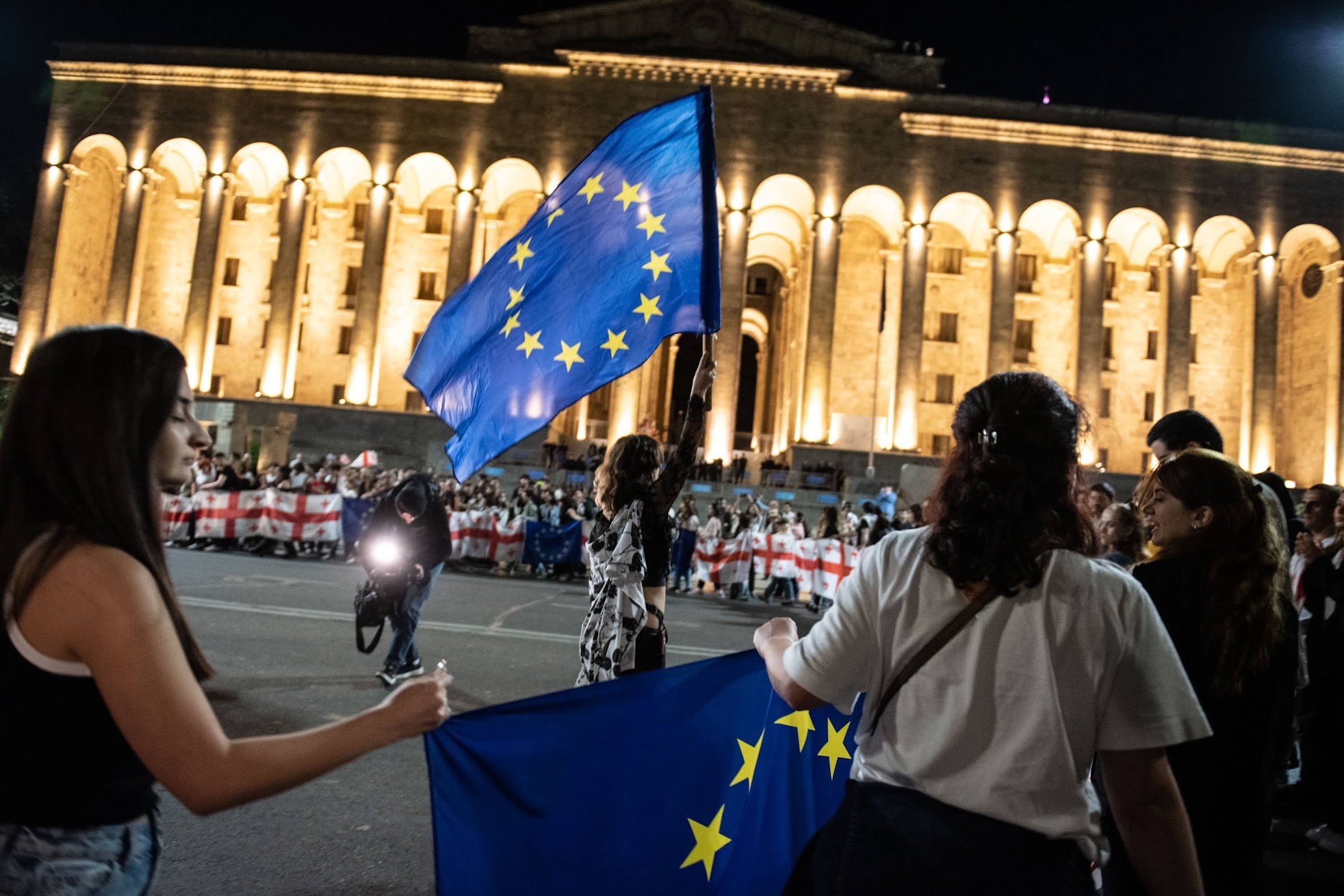 Protesters against the draft foreign agent law outside the Georgian Parliament on 23 April 2024. Photo: Mariam Nikuradze/OC Media.