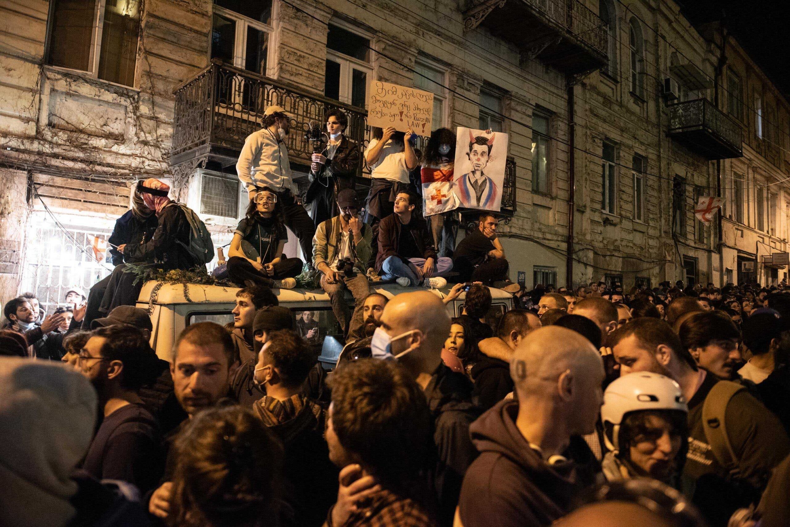 Protesters outside the government chancellery on Wednesday night. Photo: Mariam Nikuradze/OC Media
