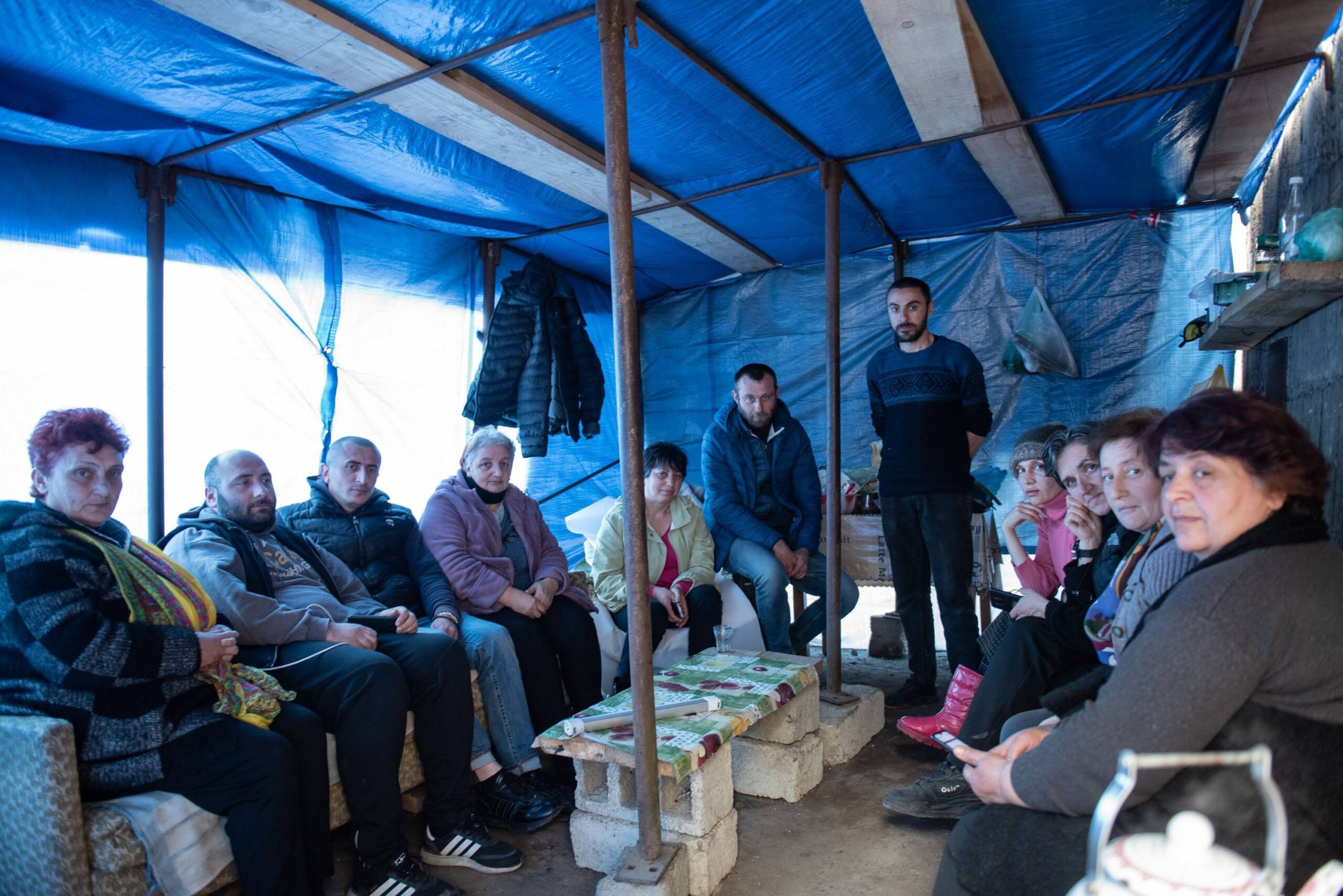 Protesters against the Korokhnali mine in their protest tent in April. Photo: Mariam Nikuradze/OC Media.