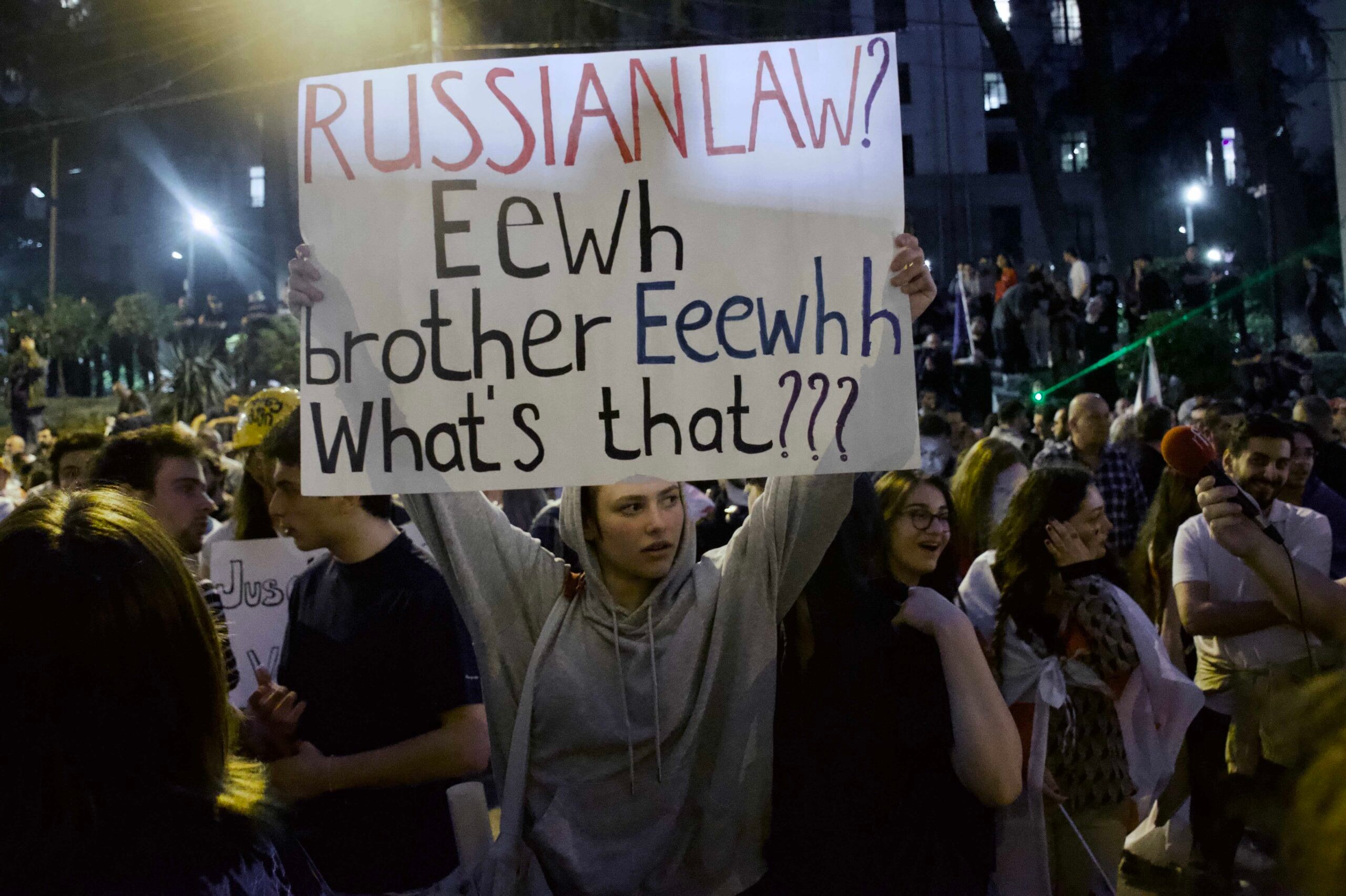 A demonstrator opposing the foreign agent bill at the 30 April protest in Tbilisi. Image: Shota Kincha/OC Media.