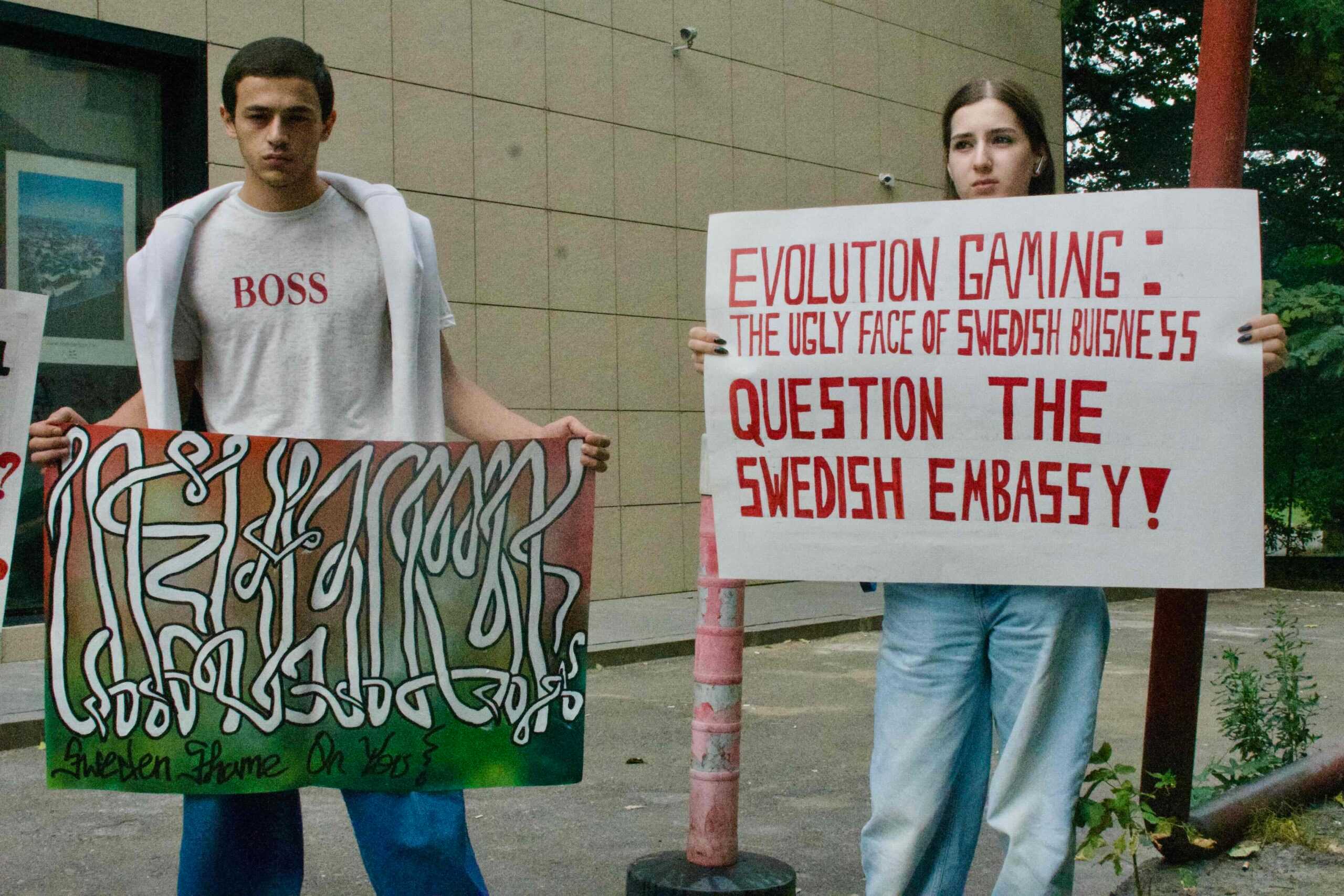 Protesters outside the Swedish Embassy in Tbilisi on 16 September. Image: Shota Kincha/OC Media.
