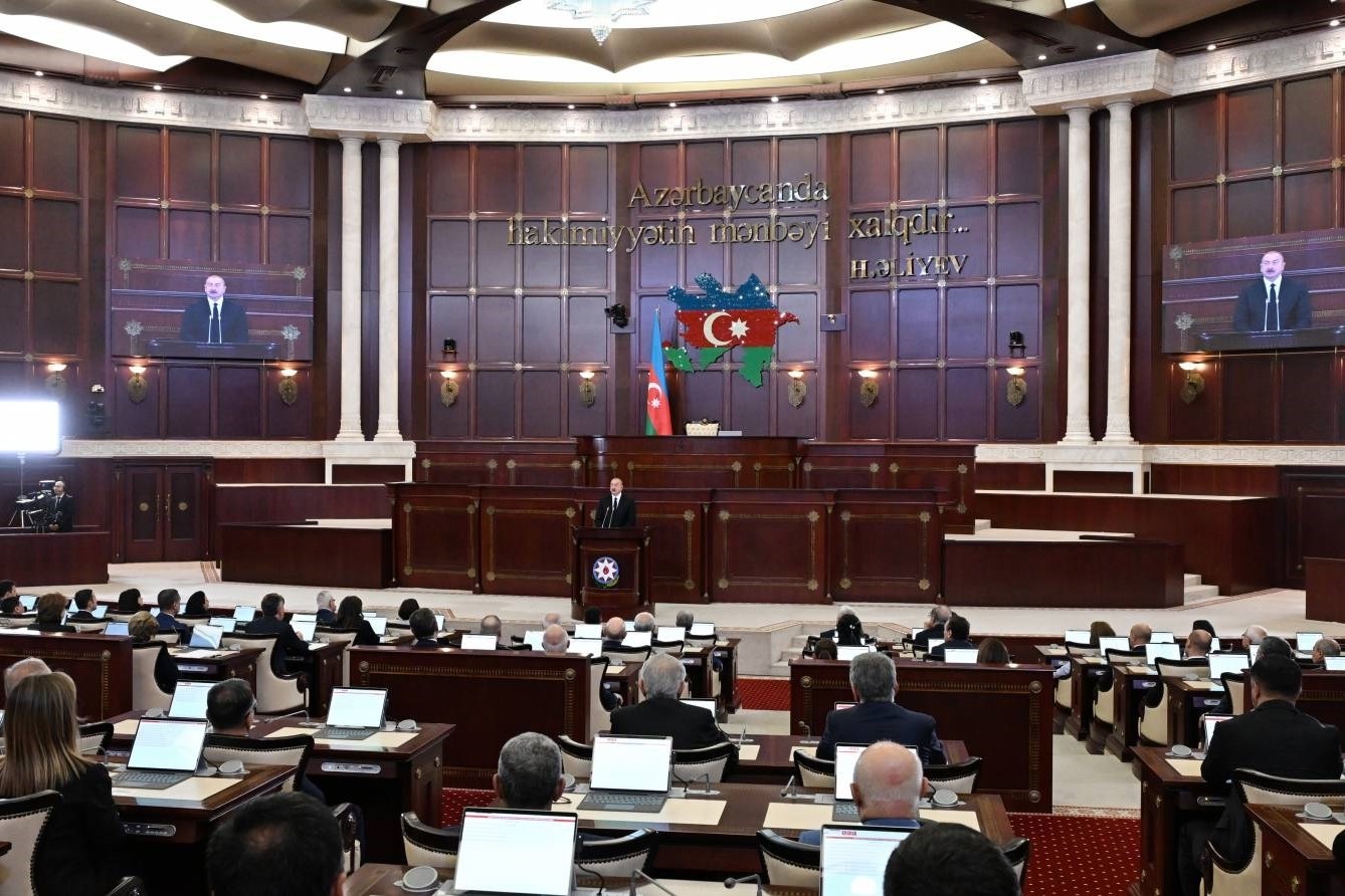 President Ilham Aliyev speaks at the Azerbaijani parliament. Image via President.az.