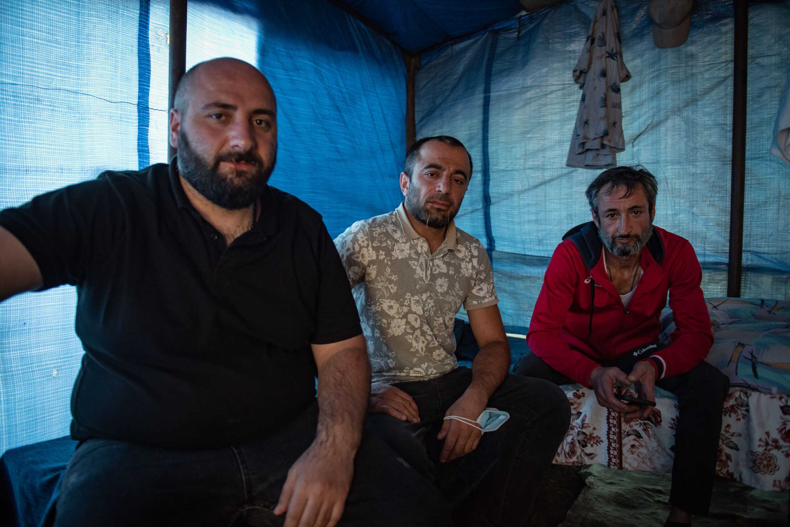 Jumber Tsutskiridze, Giorgi Bitsadze and Amiran Shekiladze sewed their mouths on Sunday. Photo: Mariam Nikuradze/OC Media.