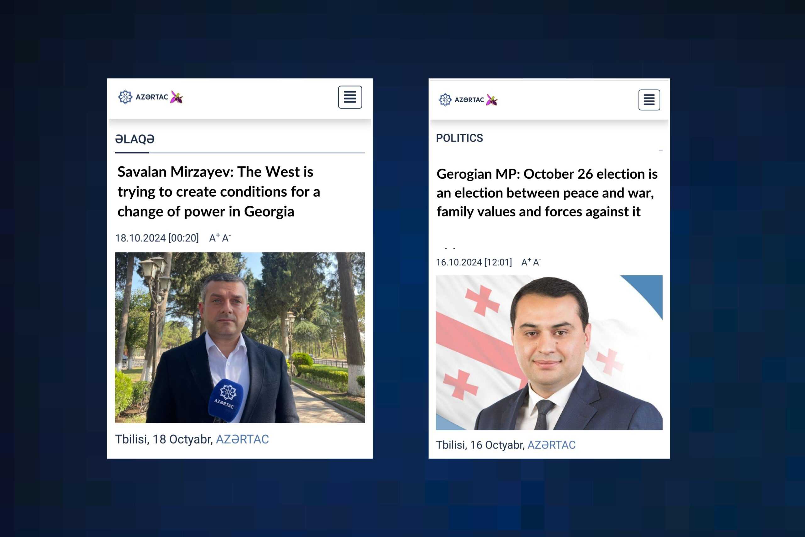 Screenshots of Azerbaijani state news agency Azertac’s coverage of Georgian politics and elections.