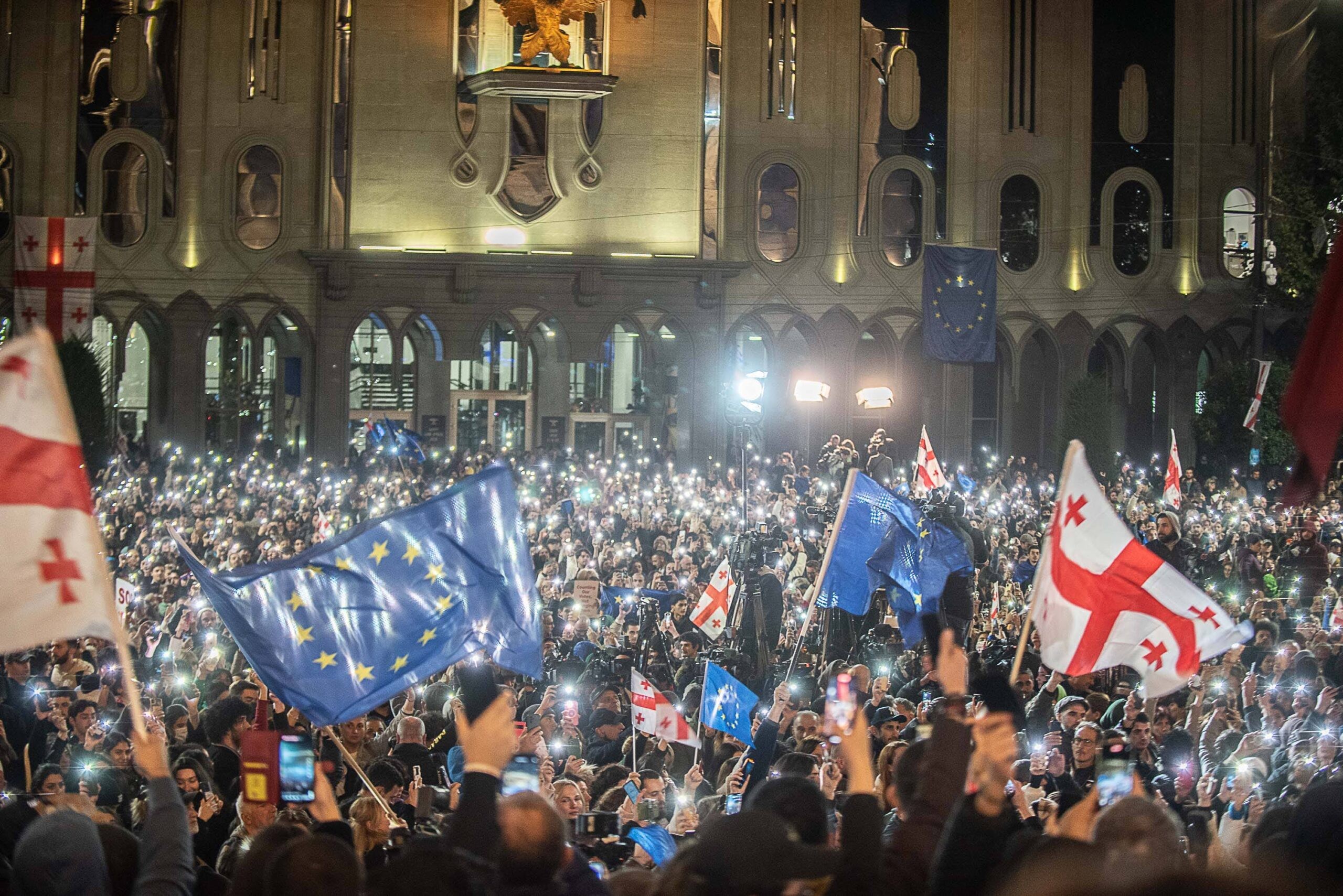 Crowds outside the parliament in Tbilisi on Monday. Image: Mariam Nikuradze/OC Media.