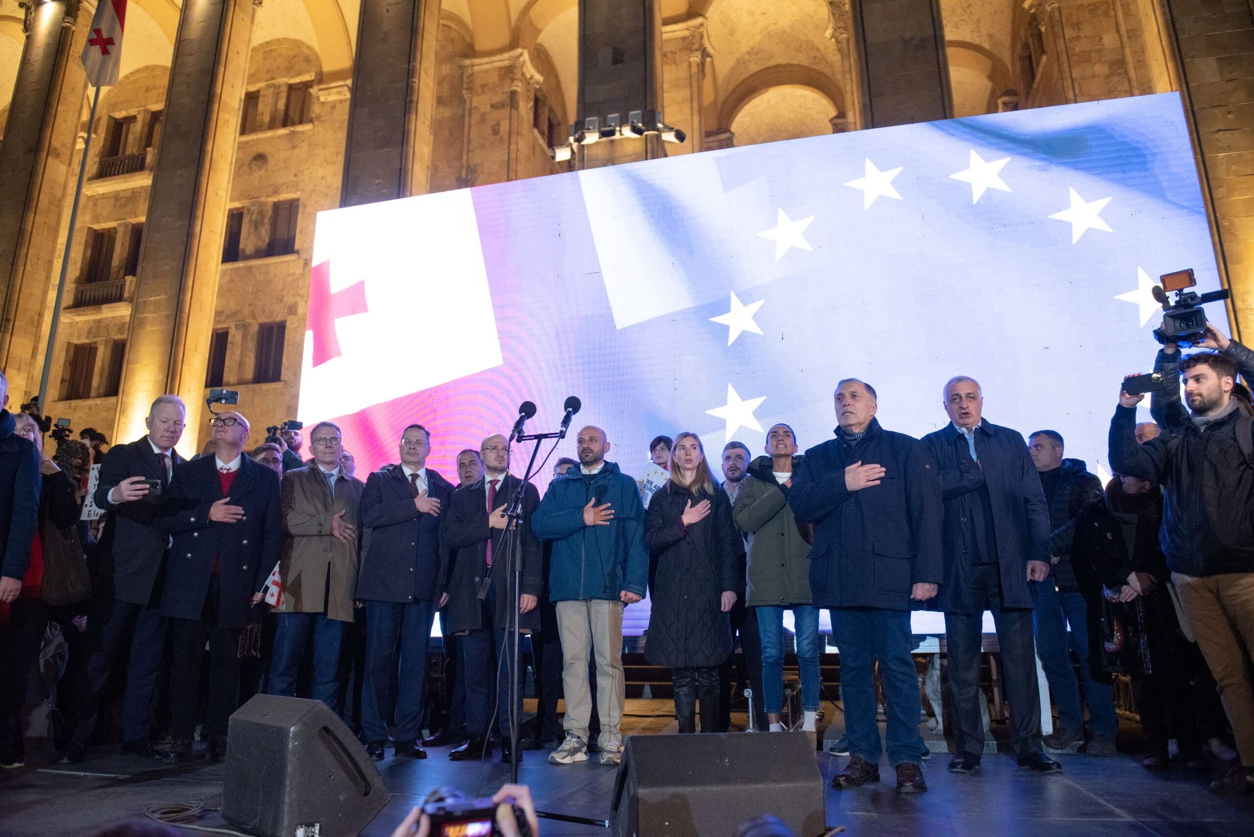 European parliamentarians sharing the stage with the Georgian opposition leaders on 11 November in Tbilisi. Image: Mariam Nikuradze/OC Media.