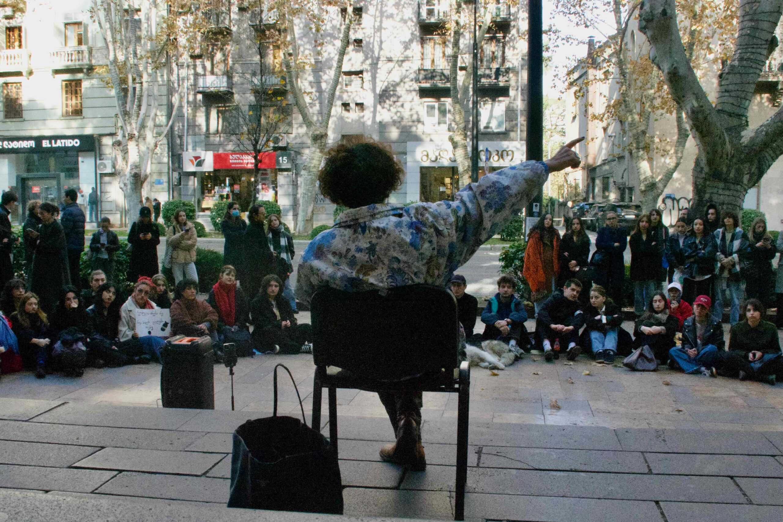Nene Kvinikadze, a Georgian scriptwriter, at a ‘teach-out’ on 21 November. Photo: Shota Kincha/OC Media.