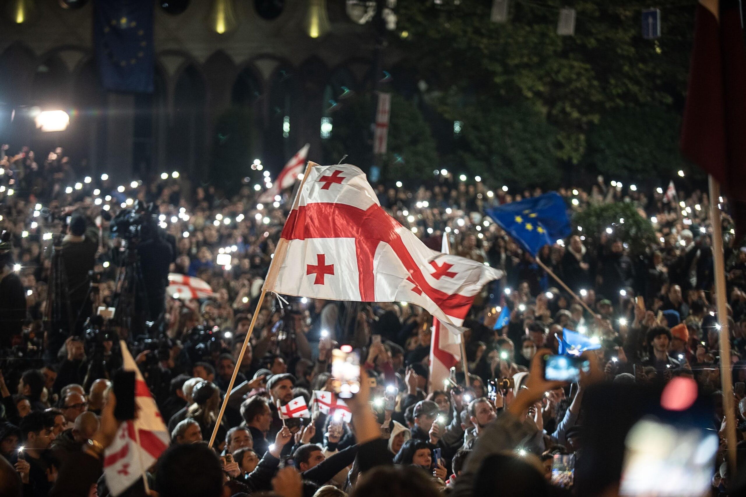 Crowds outside the parliament in Tbilisi on Monday. Image: Mariam Nikuradze/OC Media.