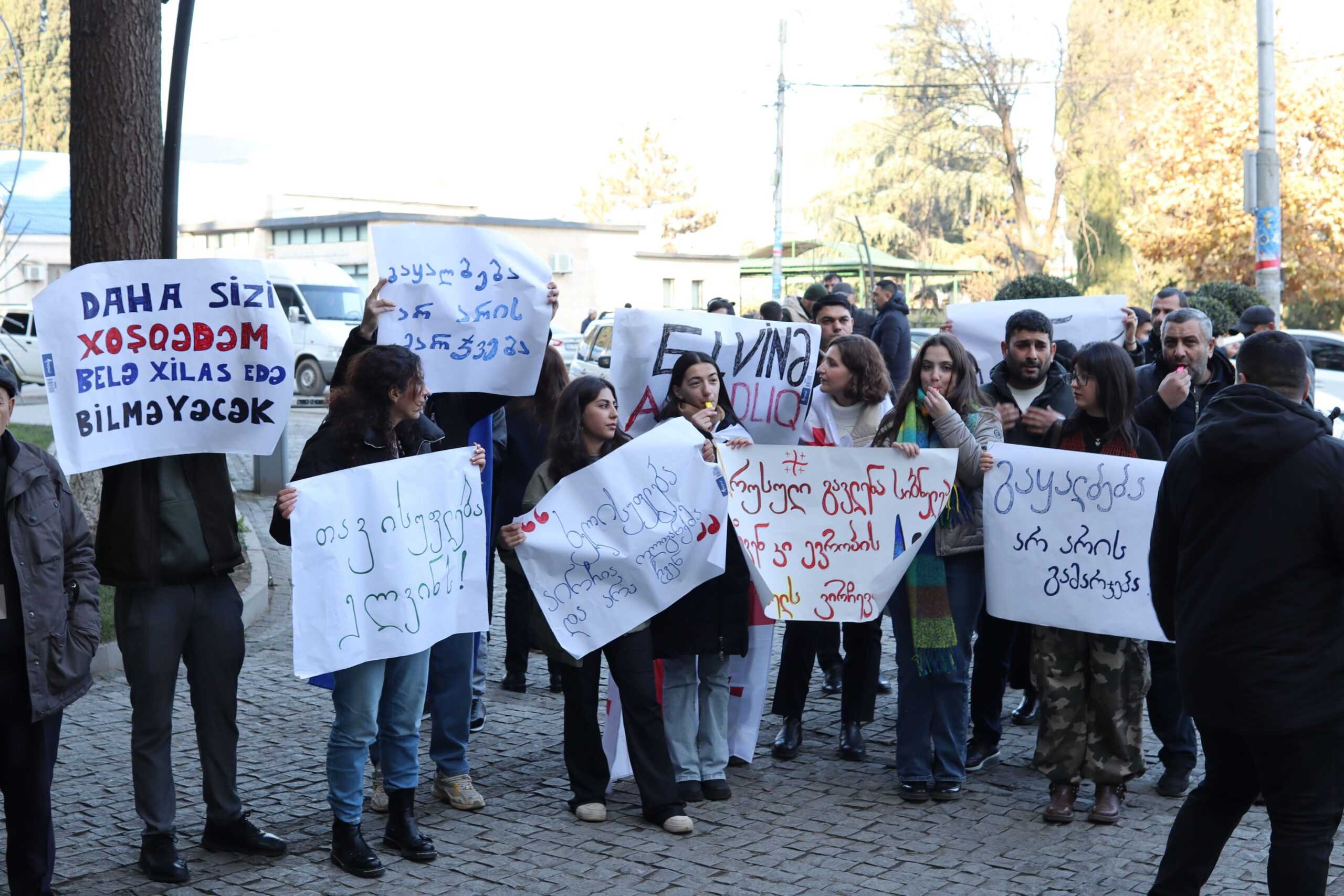 Protesters hold signs in both Georgian and Azerbaijani during a pro-EU demonstration in Marneuli. Photo: Rafig Shahbazov.
